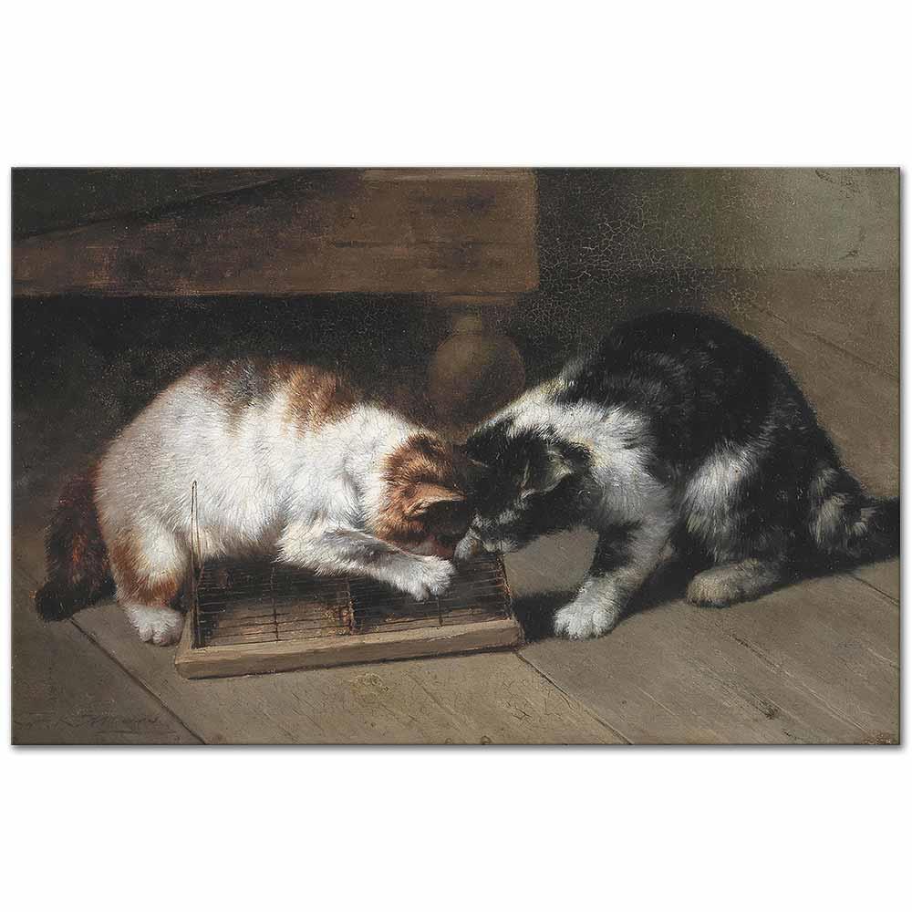 Eugene Remy Maes İki Kedi ve Bir Av Kanvas Tablo