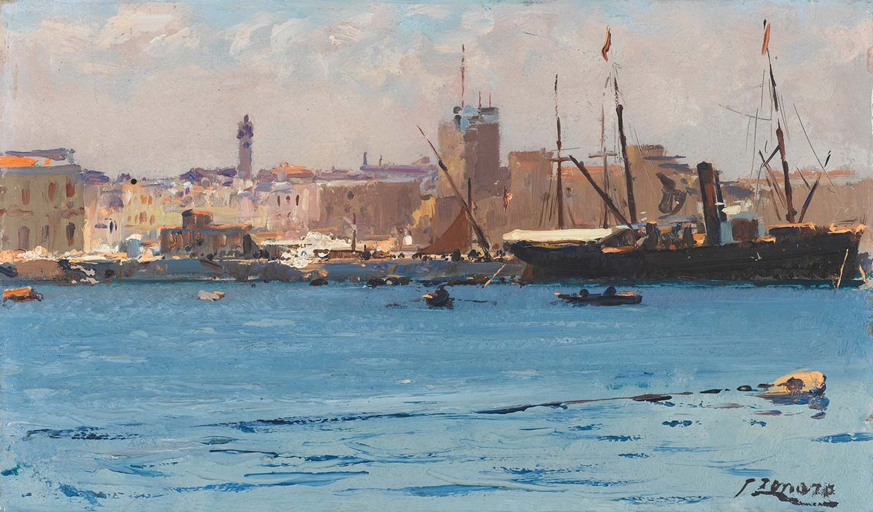 Fausto Zonaro Boats In A Port Art Print