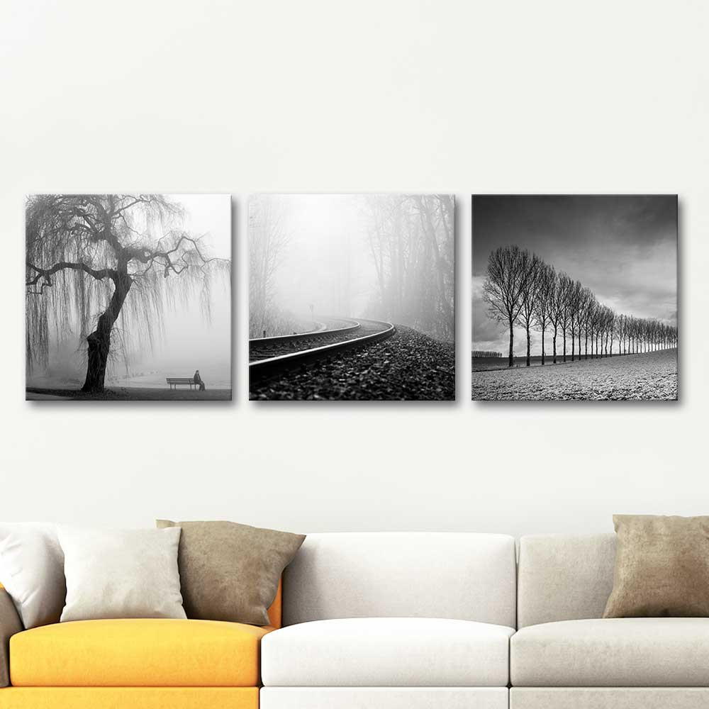 Fog Trees and Railway Canvas Set Art Print