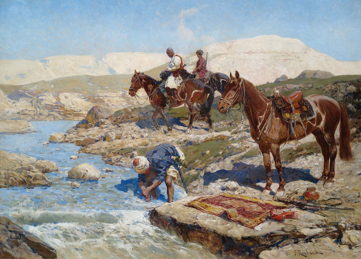 Franz Roubaud Dere Kenarında Çerkez Atlılar Kanvas Tablo