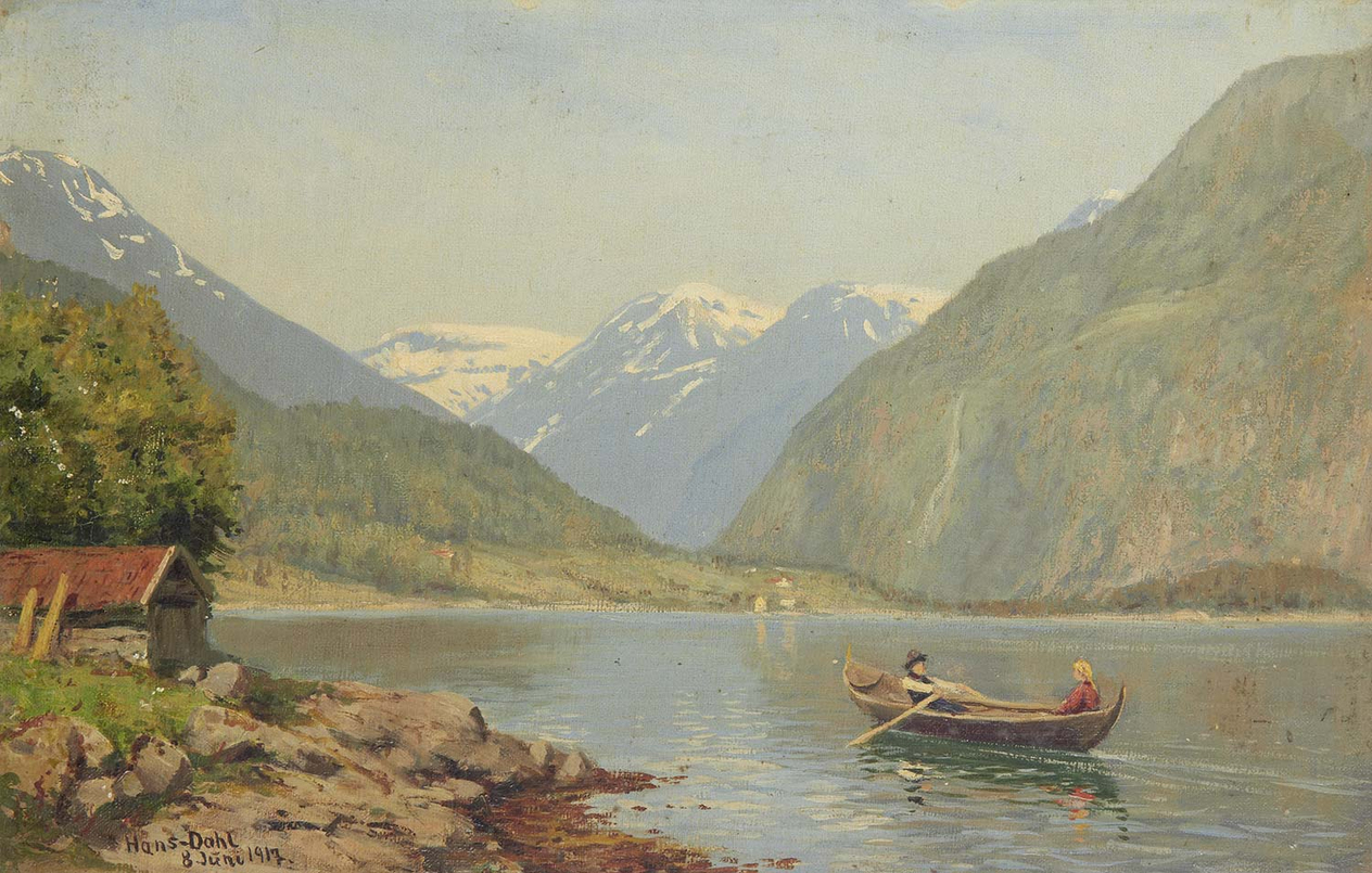 Hans Dahl Figures In A Rowing Boat On A Fjord Art Print