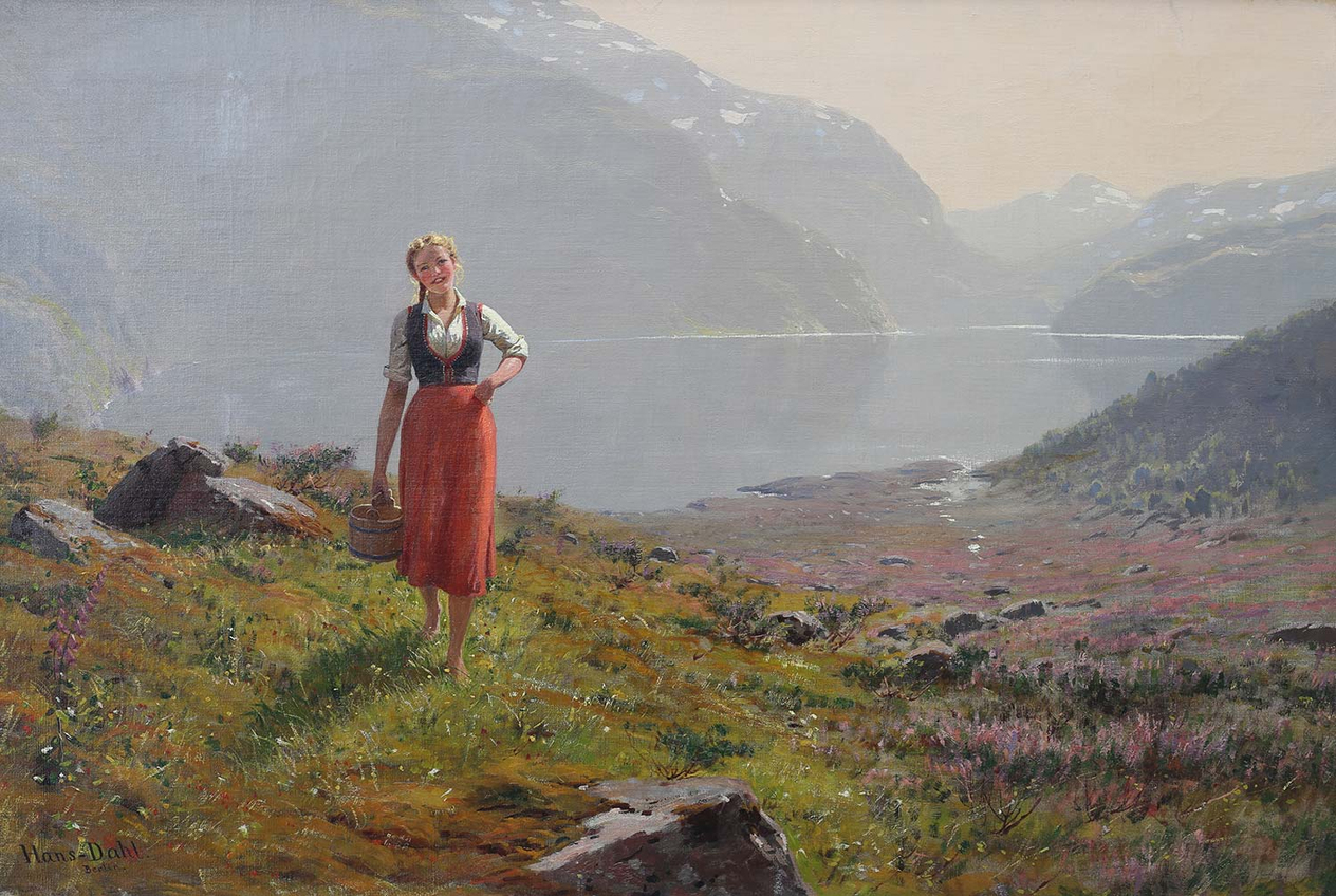 Hans Dahl Fjord Landscape With Norwegian Girl Art Print
