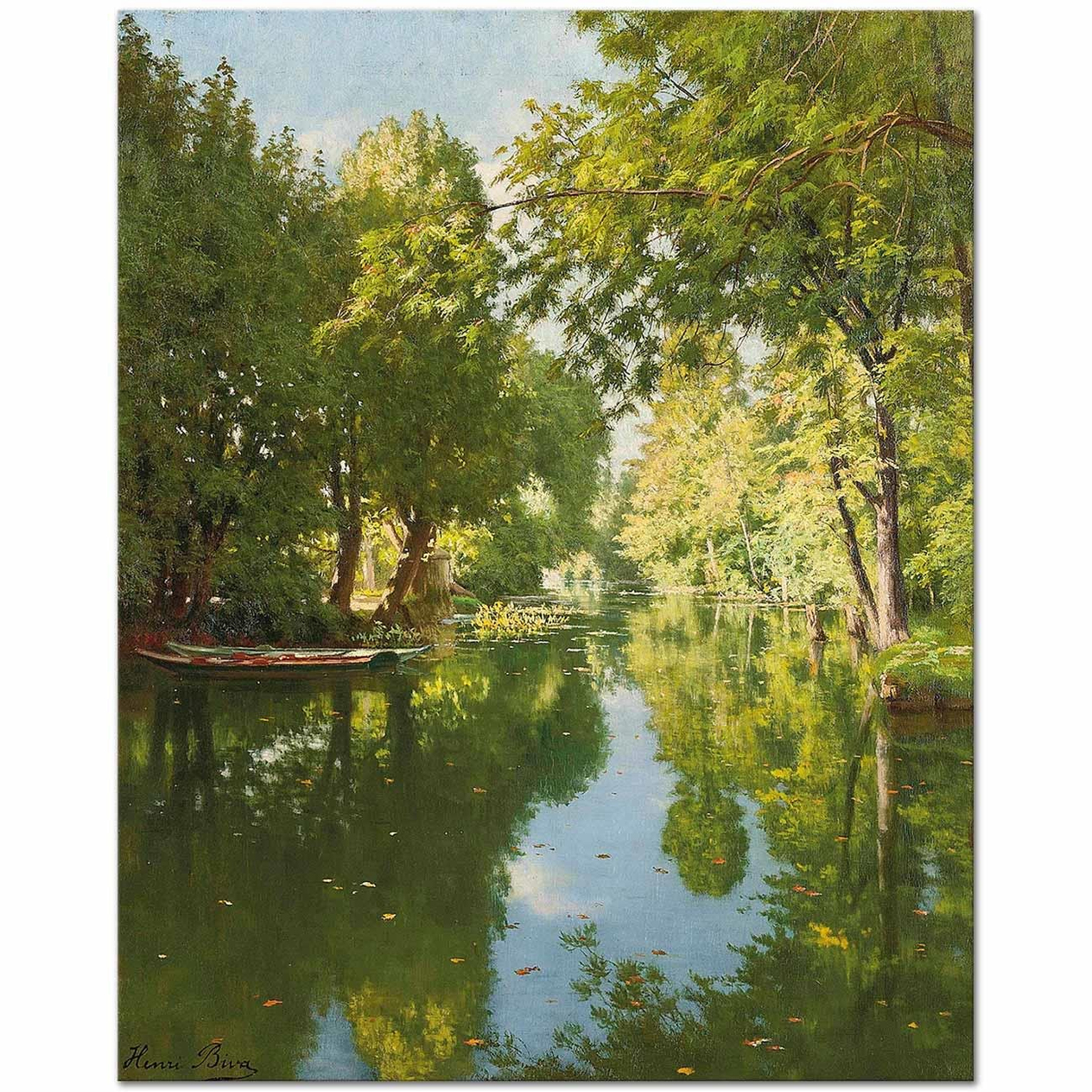 Henri Biva Punts Moored on Still Waters Art Print