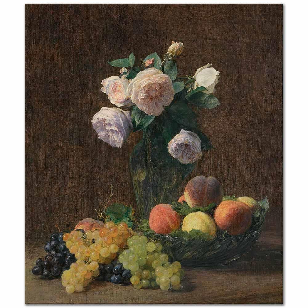Henri Fantin Latour Vazoda Güller Şeftaliler ve Üzümler Kanvas Tablo