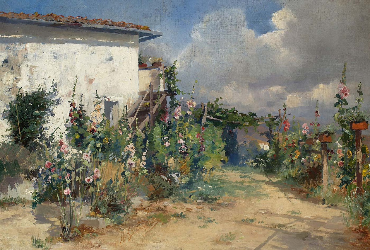 Henryk Siemiradzki House with Hollyhocks in the Garden Art Print