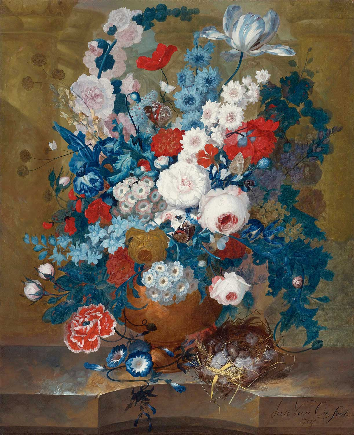 Jan van Os Flower Still Life With A Birds' Nest On A Ledge Art Print