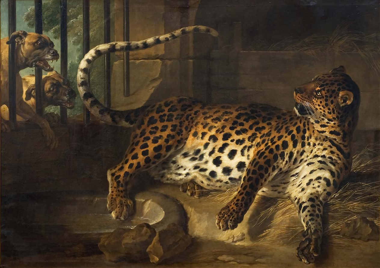 Jean-Baptiste Oudry Leopard in a Cage Confronted by Two Mastiffs Art Print
