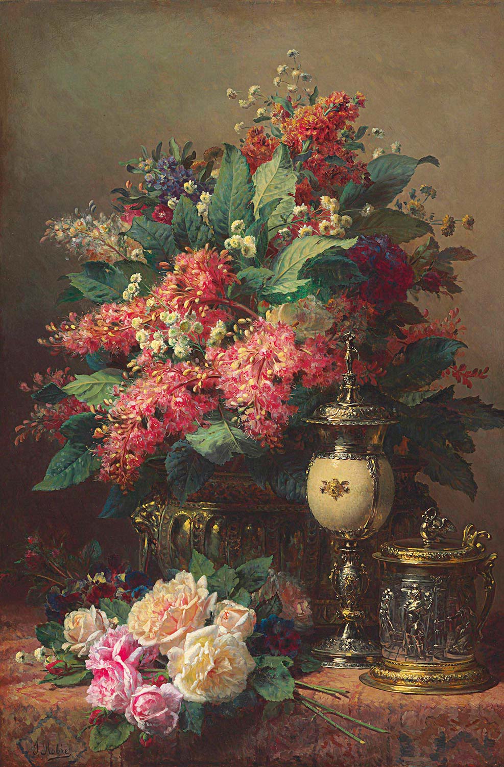 Jean Baptiste Robie A Still Life of Chestnut Flowers Wallflowers Roses Art Print