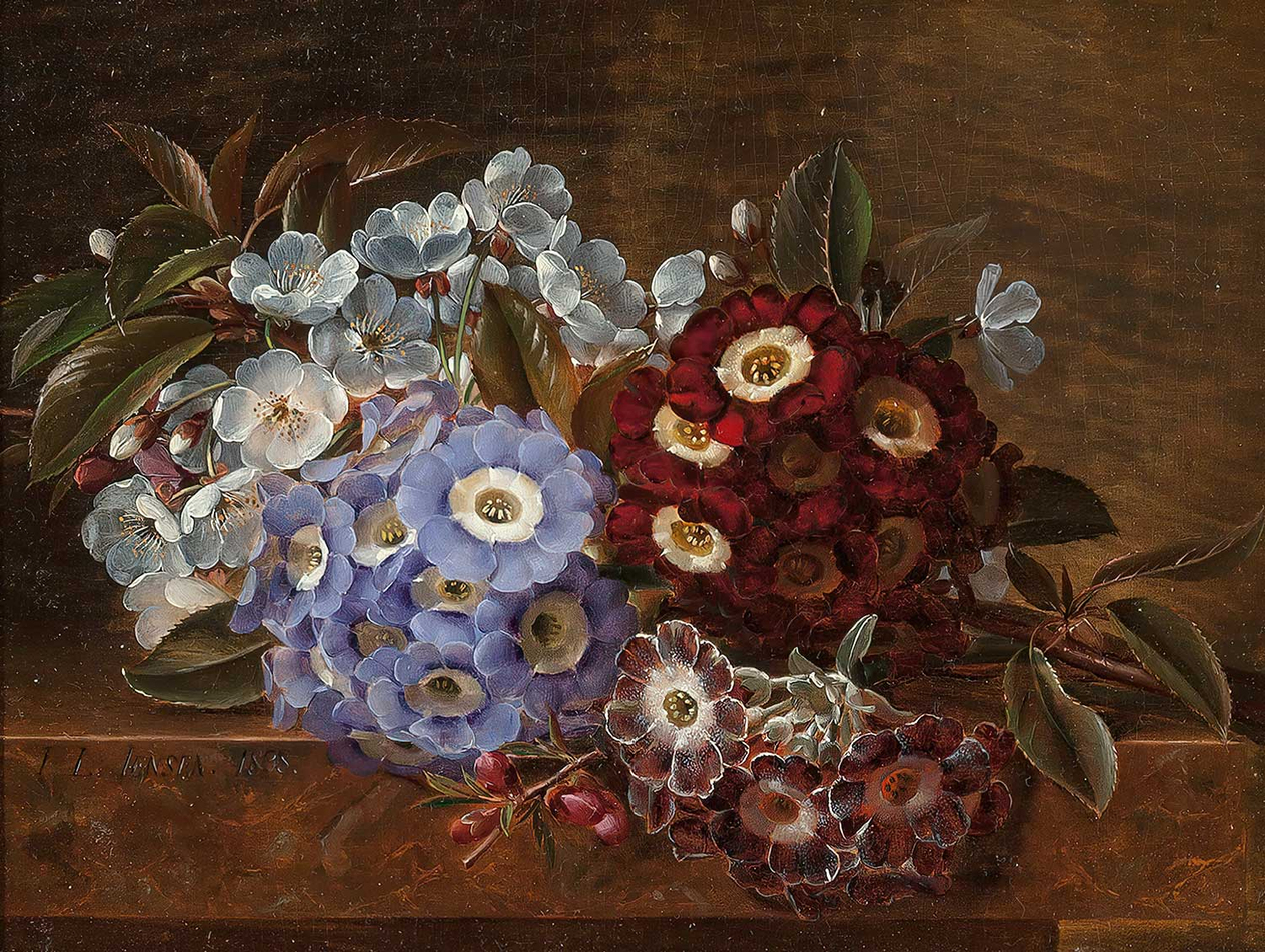 Johan Laurentz Jensen Still Life With Primroses On A Marble Ledge Art Print