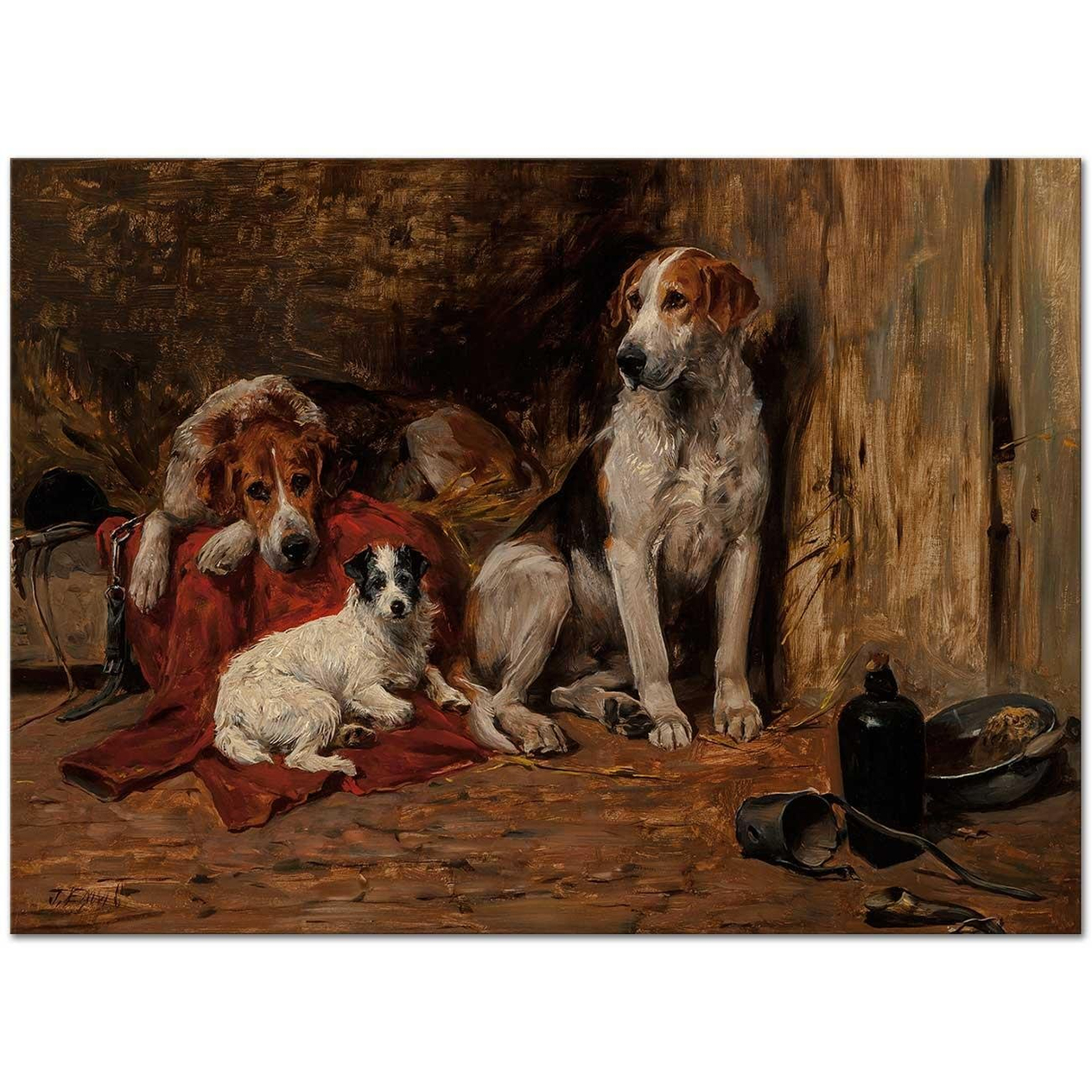 John Emms Hounds and a Jack Russell in a Stable Art Print