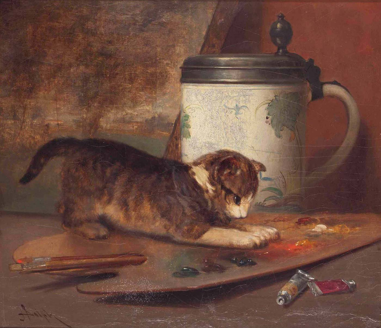 John Henry Dolph Resim Paleti ile Oynayan Kedi Kanvas Tablo