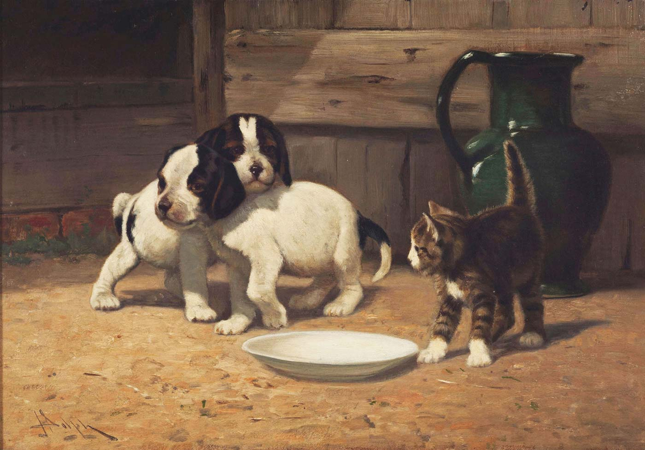 John Henry Dolph Kedicik ve Köpek Yavruları Kanvas Tablo