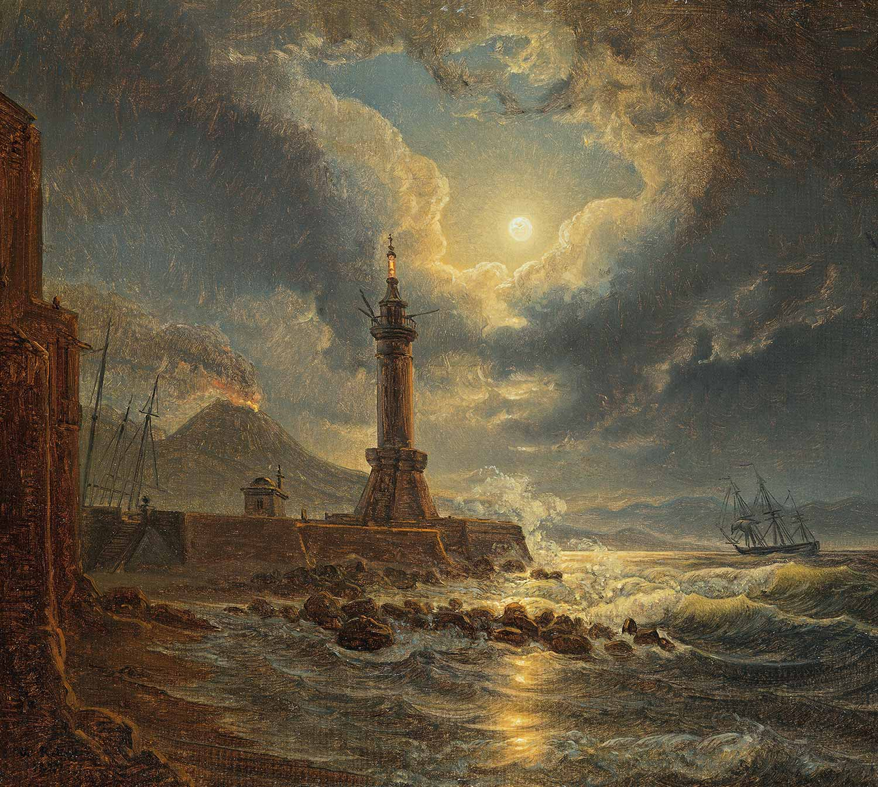 Josef Rebell Leuchtturm im Hafen von Neapel bei Mondschein Art Print
