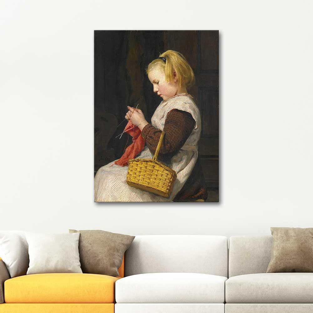 Knitting Girl with Basket by Albert Anker as Art Print