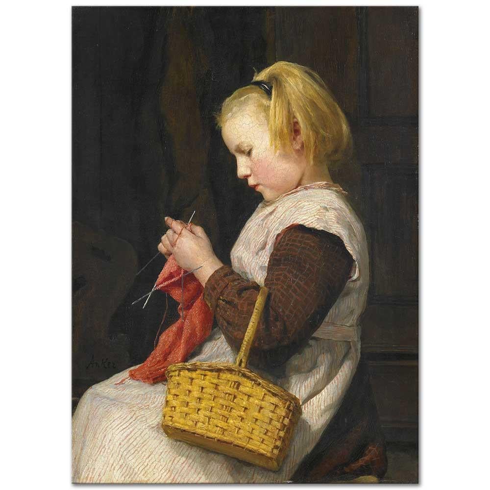 Knitting Girl with Basket by Albert Anker as Art Print