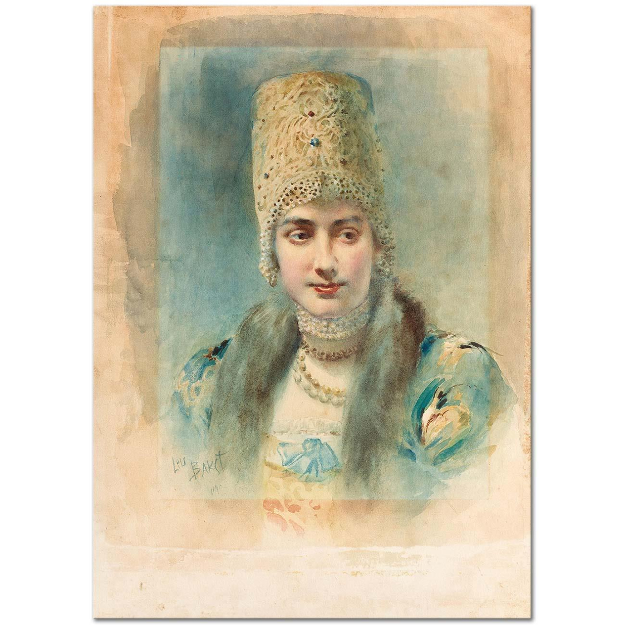 Leon Bakst Girl Wearing a Kokoshnik and Pearl Choker Art Print