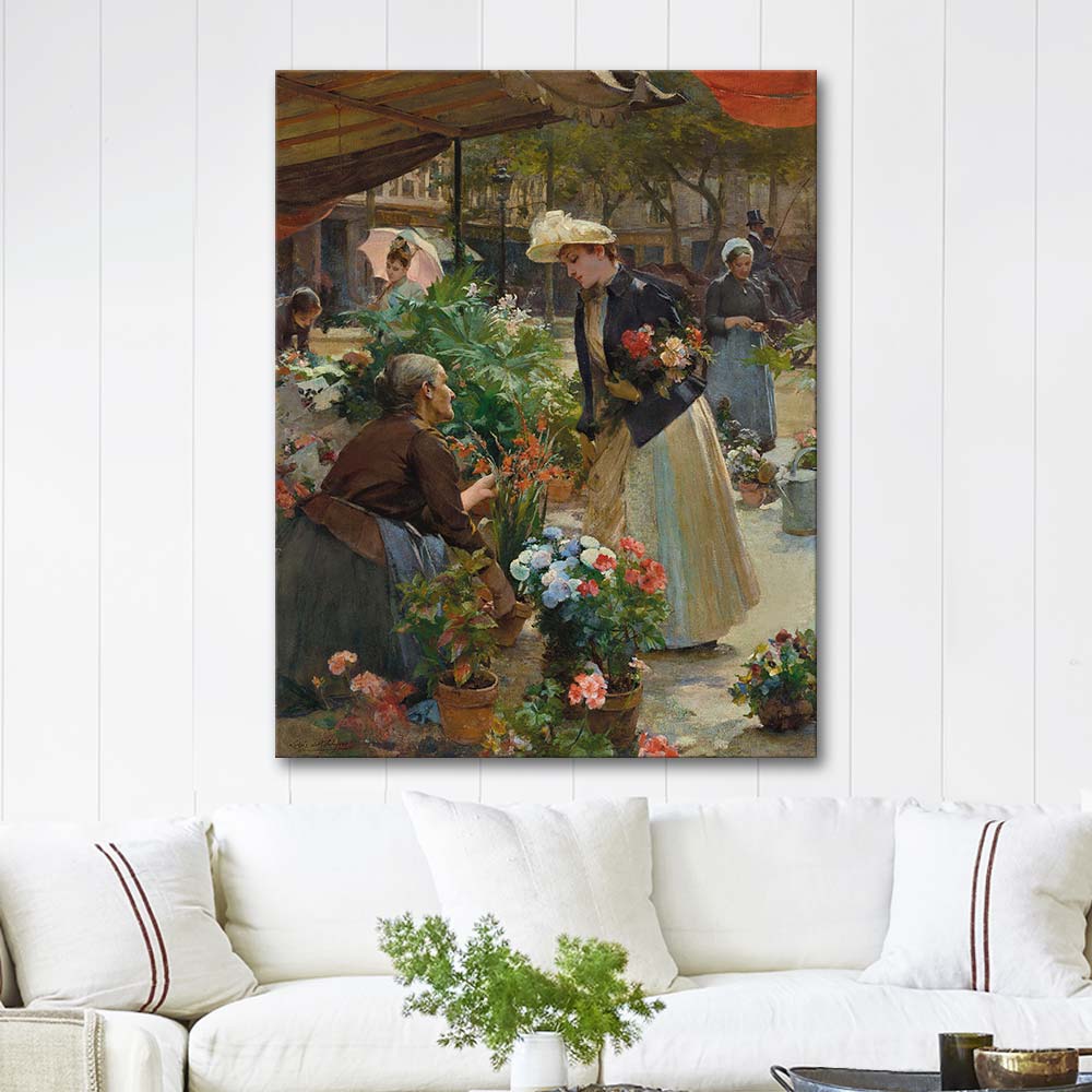 Louis Marie de Schryver Paris – The Flower Market on the Île de la Cité Art Print