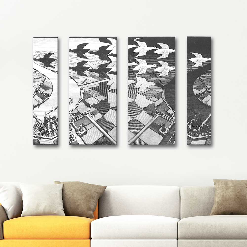 Maurits Cornelis Escher Gündüz ve Gece 4 Parçalı Kanvas Tablo
