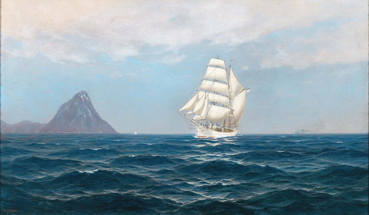 Max Jensen A Sailing Ship And A Steamboat By The Coast Art Print