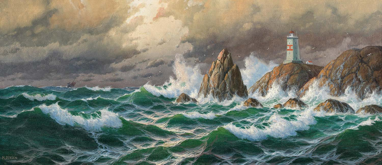Max Jensen Breaking Waves With Lighthouse In Stormy Weather Art Print