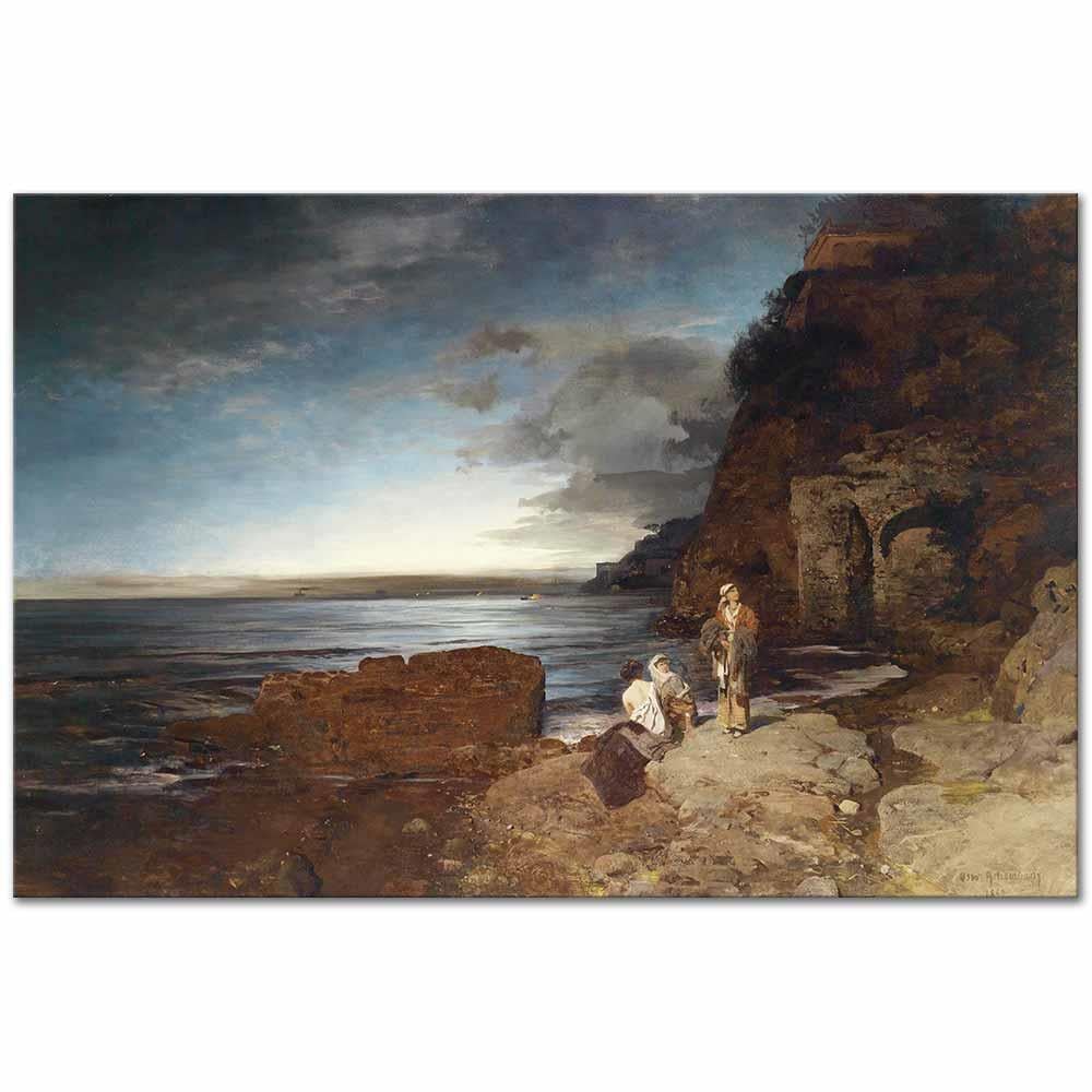 Oswald Achenbach Sahilde Akşam Kanvas Tablo