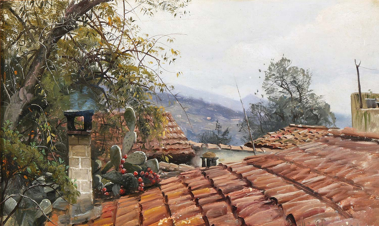 Peder Mørk Mønsted A Cactus Growing on the Old Rooftops Art Print