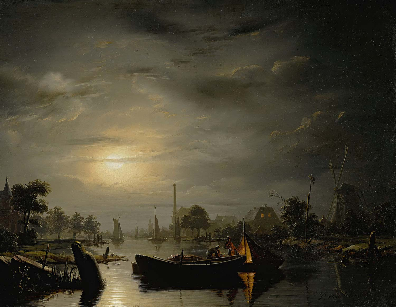 Petrus van Schendel A River Landscape In Silver Moonlight Art Print