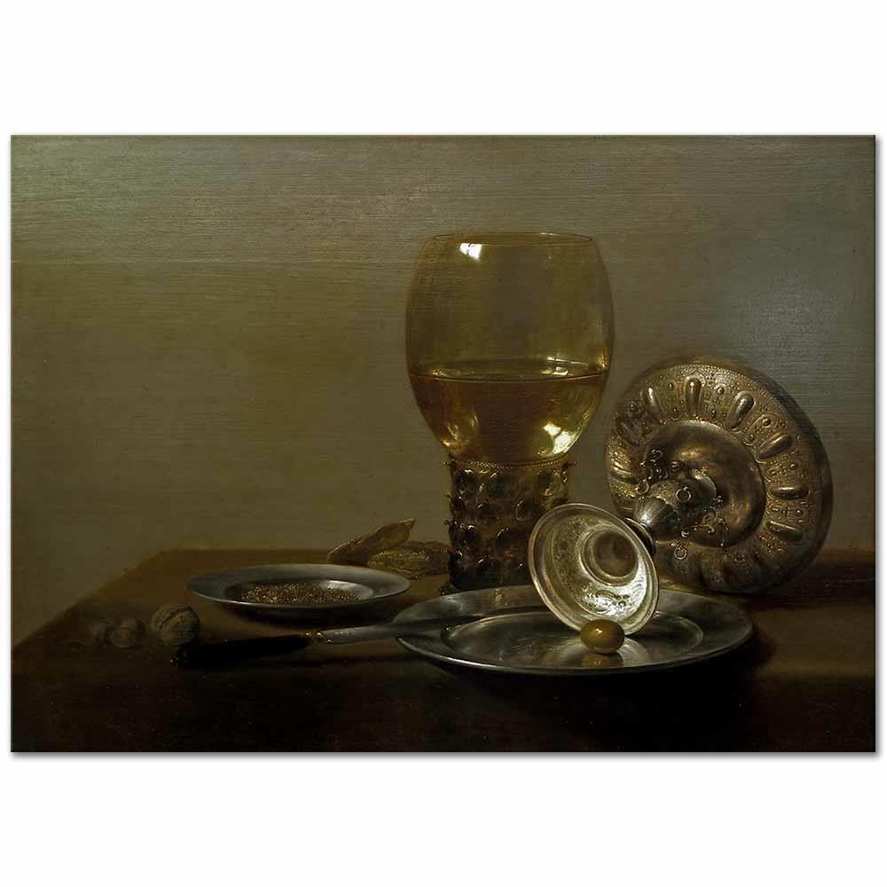 Pieter Claesz Şarap Kadehi ve Gümüş Kase ile Natürmort Kanvas Tablo