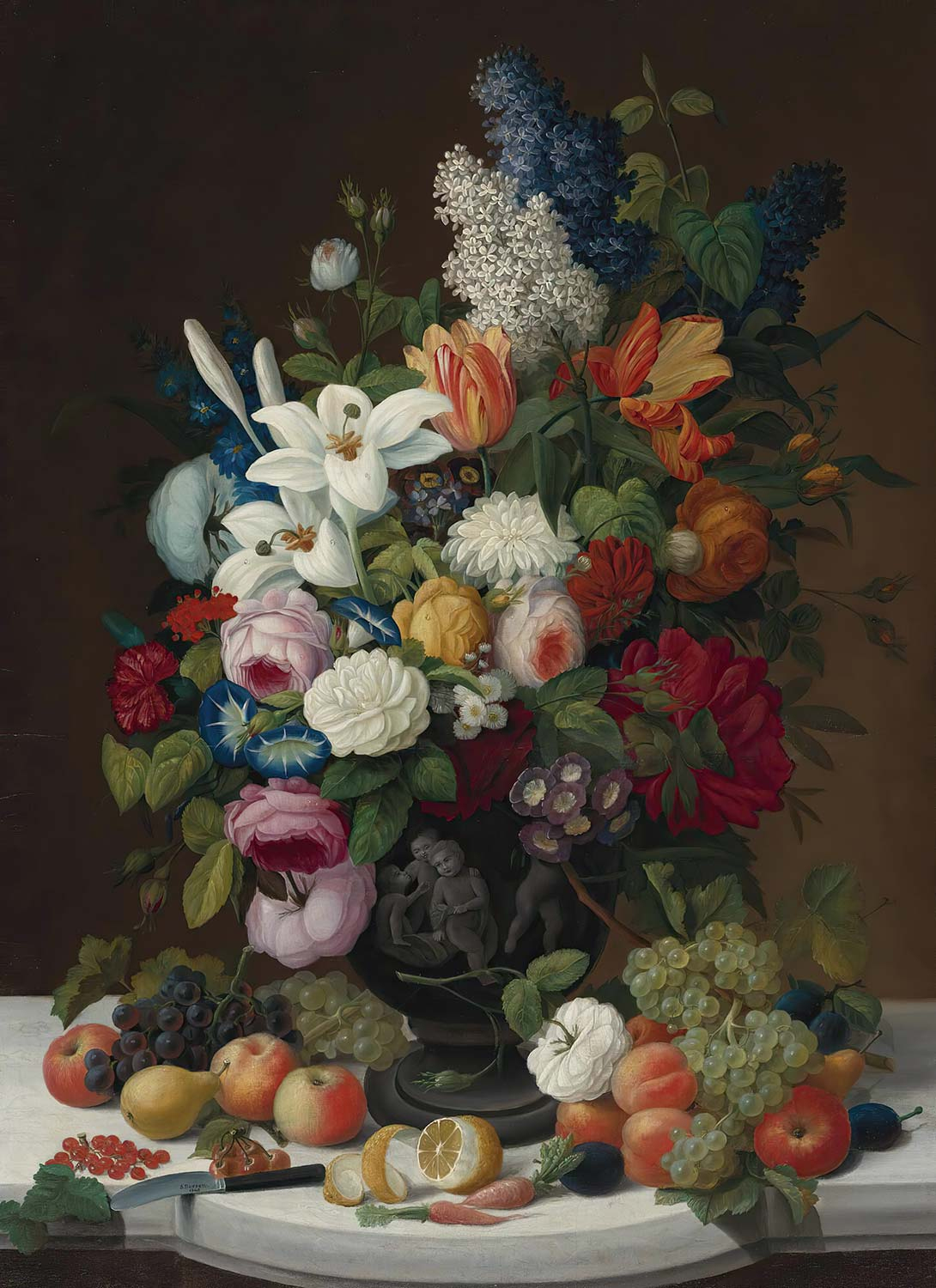 Severin Roesen Still Life With Flowers And Fruit Art Print