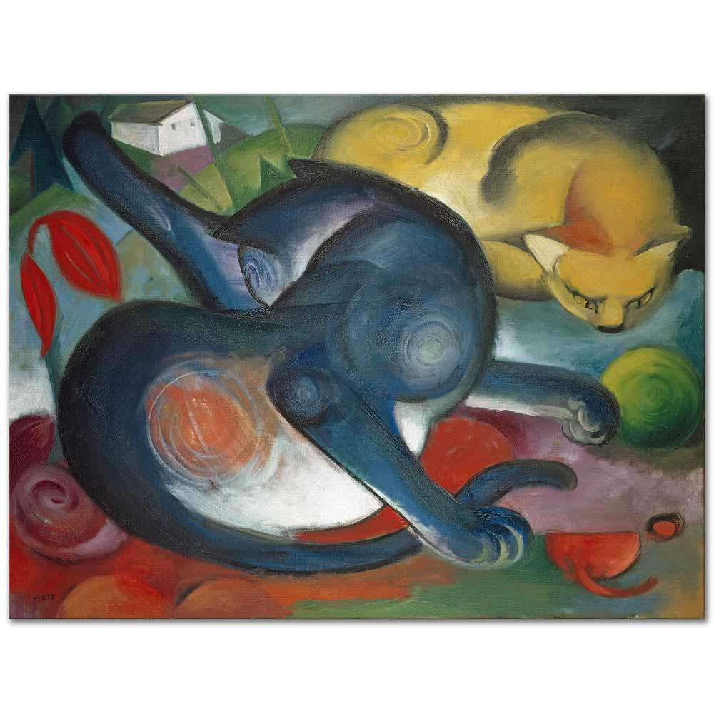 Franz Marc İki Kedi Mavi ve Sarı Kanvas Tablo