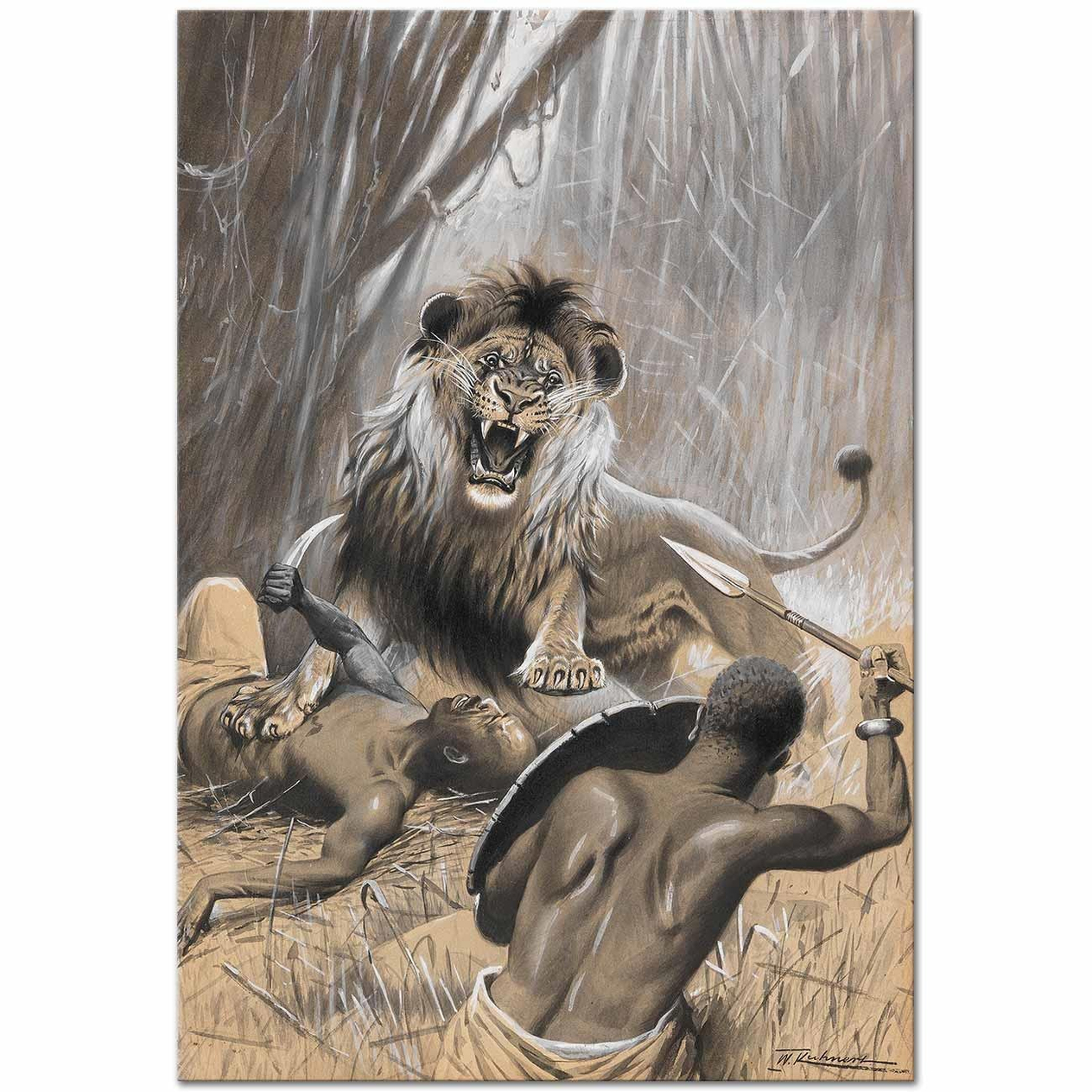 Wilhelm Kuhnert Aslan Avı Kanvas Tablo