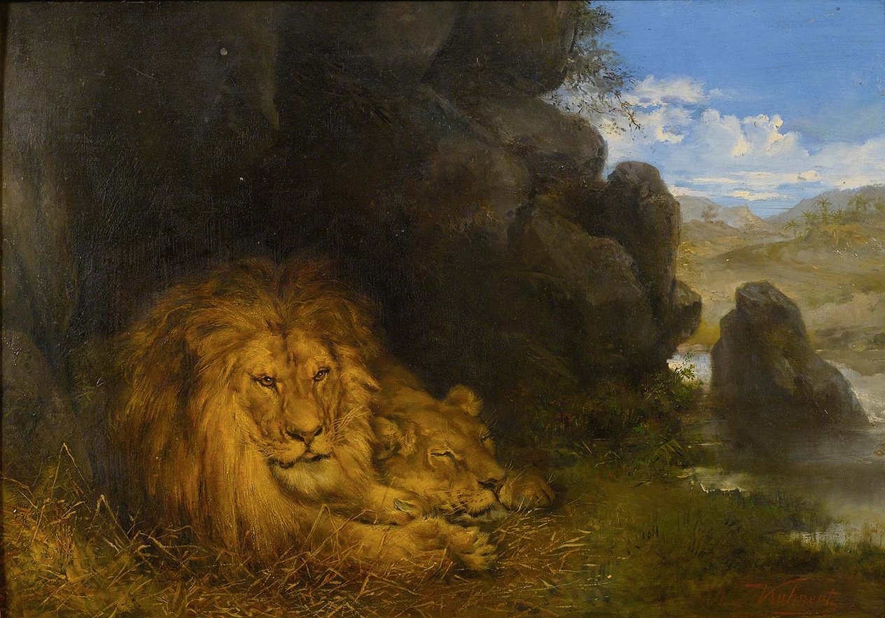 Wilhelm Kuhnert Two Lions In A Cave Art Print