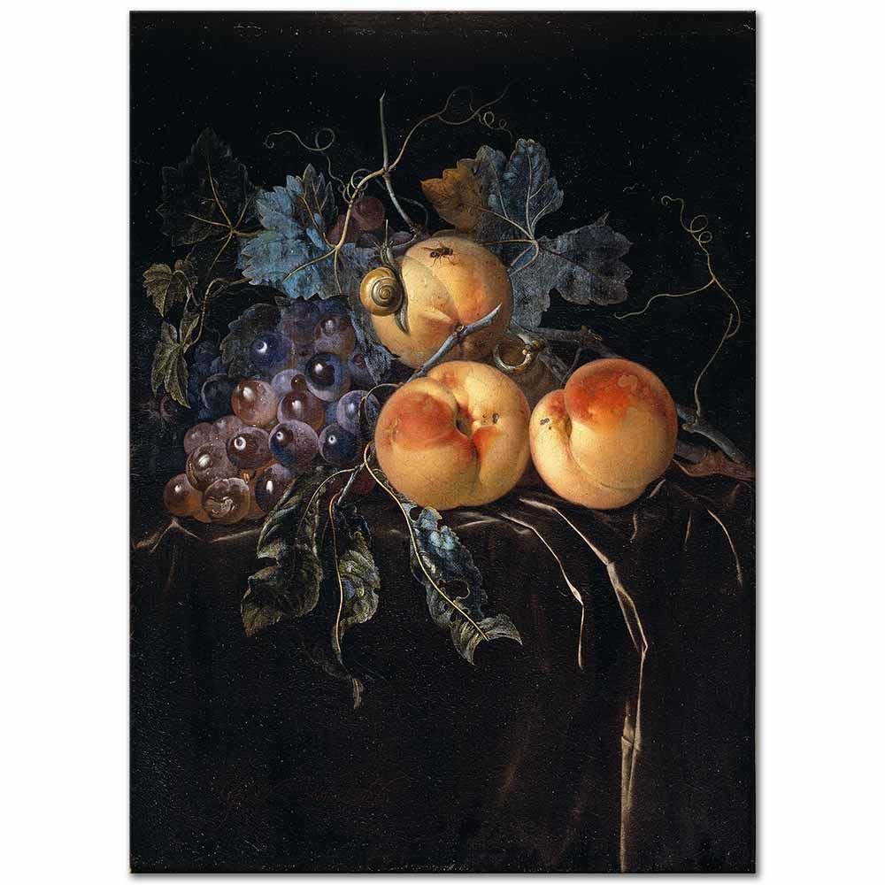 Willem van Aelst Şeftali ve Siyah Üzümler ile Natürmort Kanvas Tablo