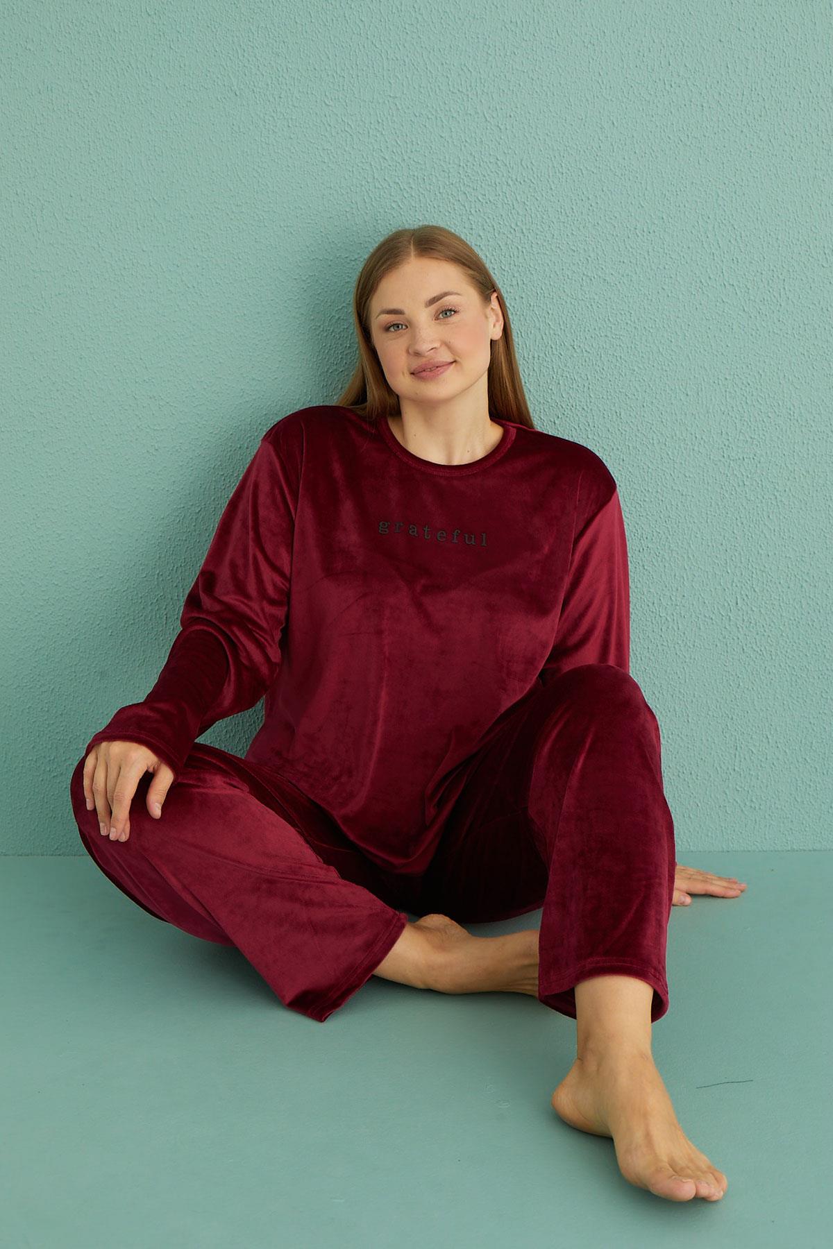 Kadın Battal Kadife Bisiklet Yaka Uzun Kollu Pijama Takımı | 13213