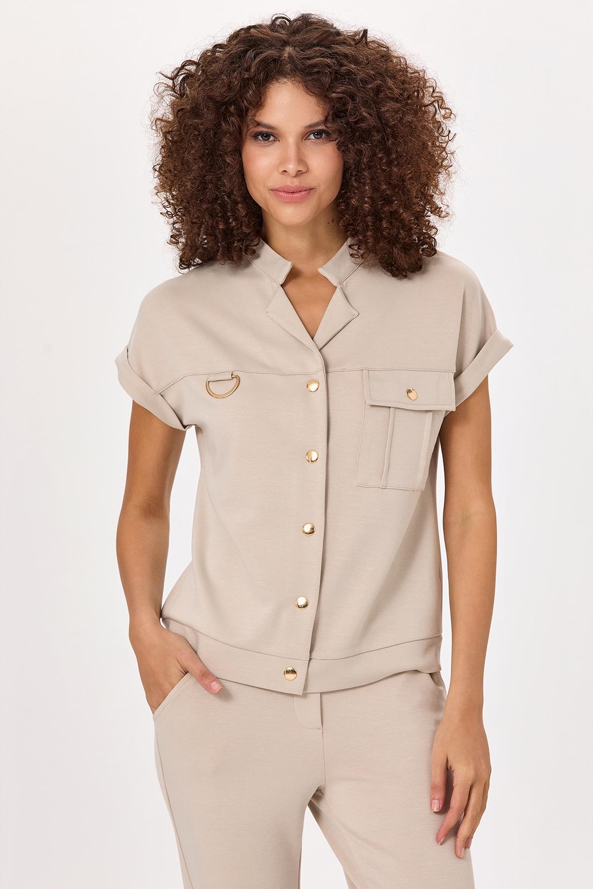 Önü Çıtçıtlı Cepli Düşük Kol S-Shirt 025-2104