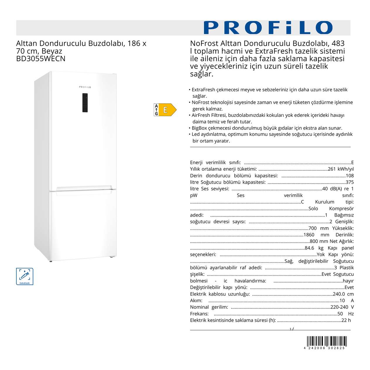 PROFİLO ALTTAN DONDURUCULU BUZDOLABI - BD3055WECN