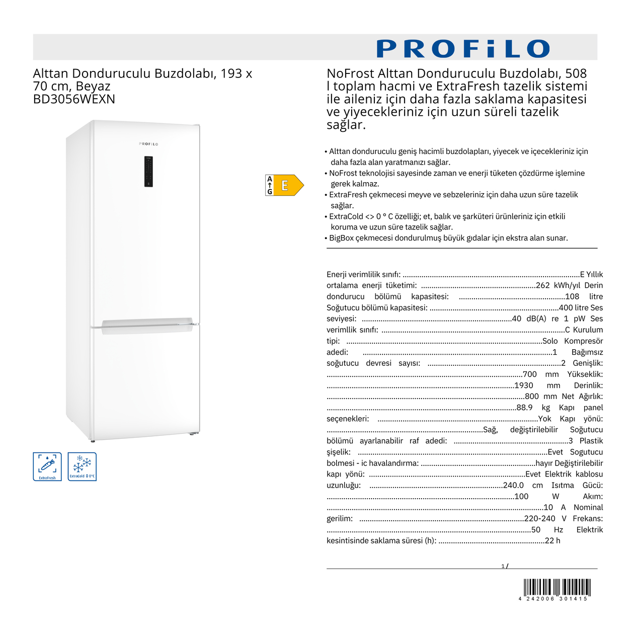 PROFİLO ALTTAN DONDURUCULU BUZDOLABI - BD3056WEXN