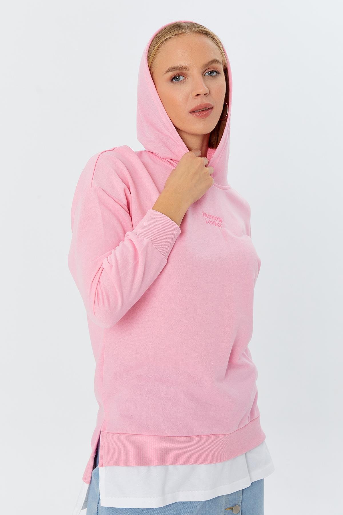 Kapüşonlu Kendinden İçlikli Sweatshirt PEMBE