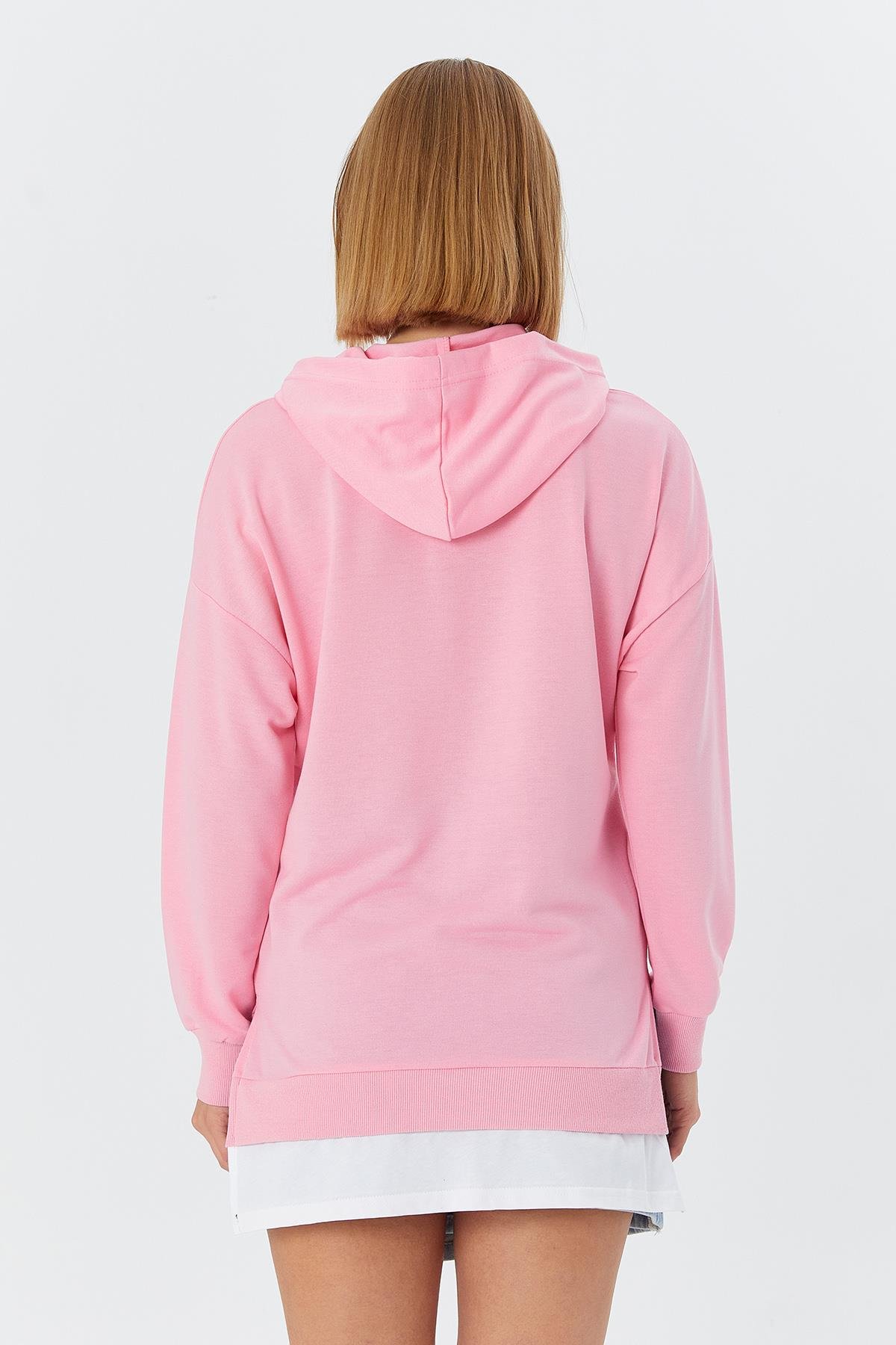 Kapüşonlu Kendinden İçlikli Sweatshirt PEMBE
