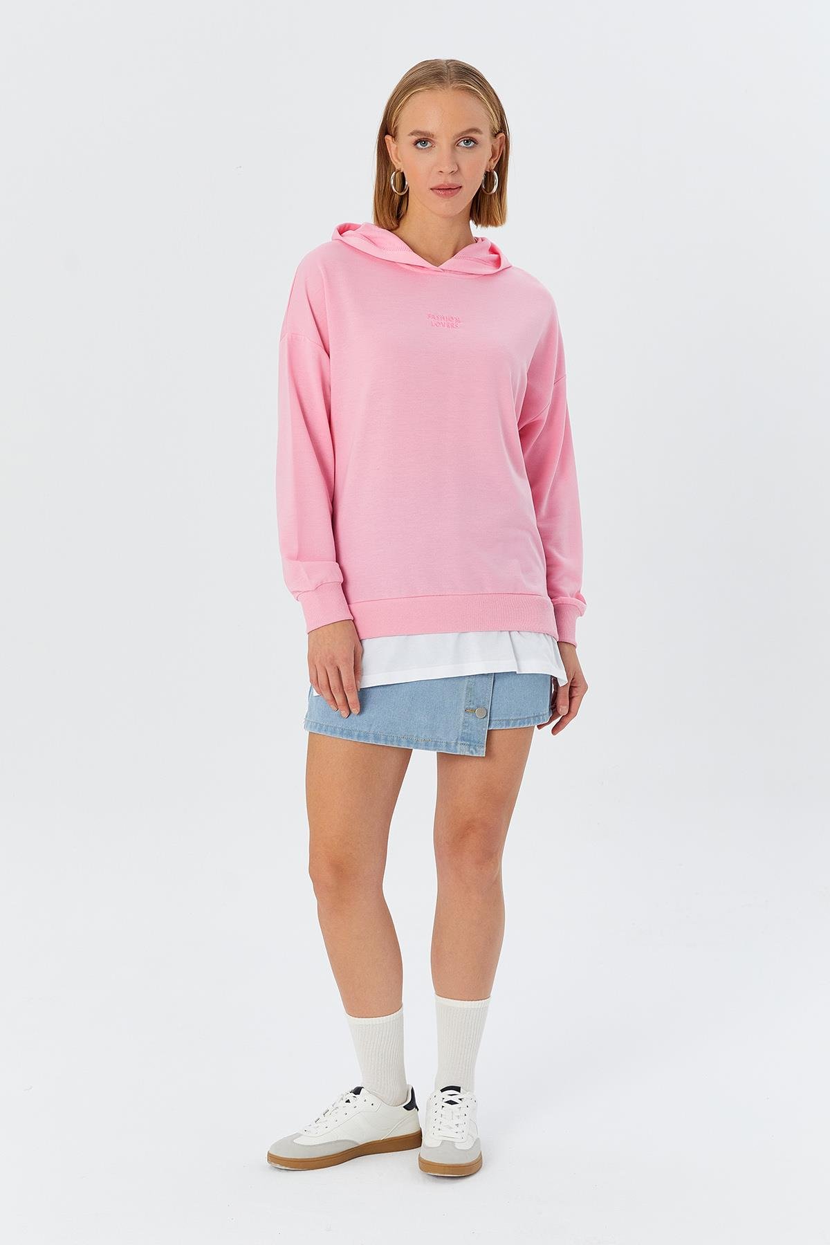 Kapüşonlu Kendinden İçlikli Sweatshirt PEMBE