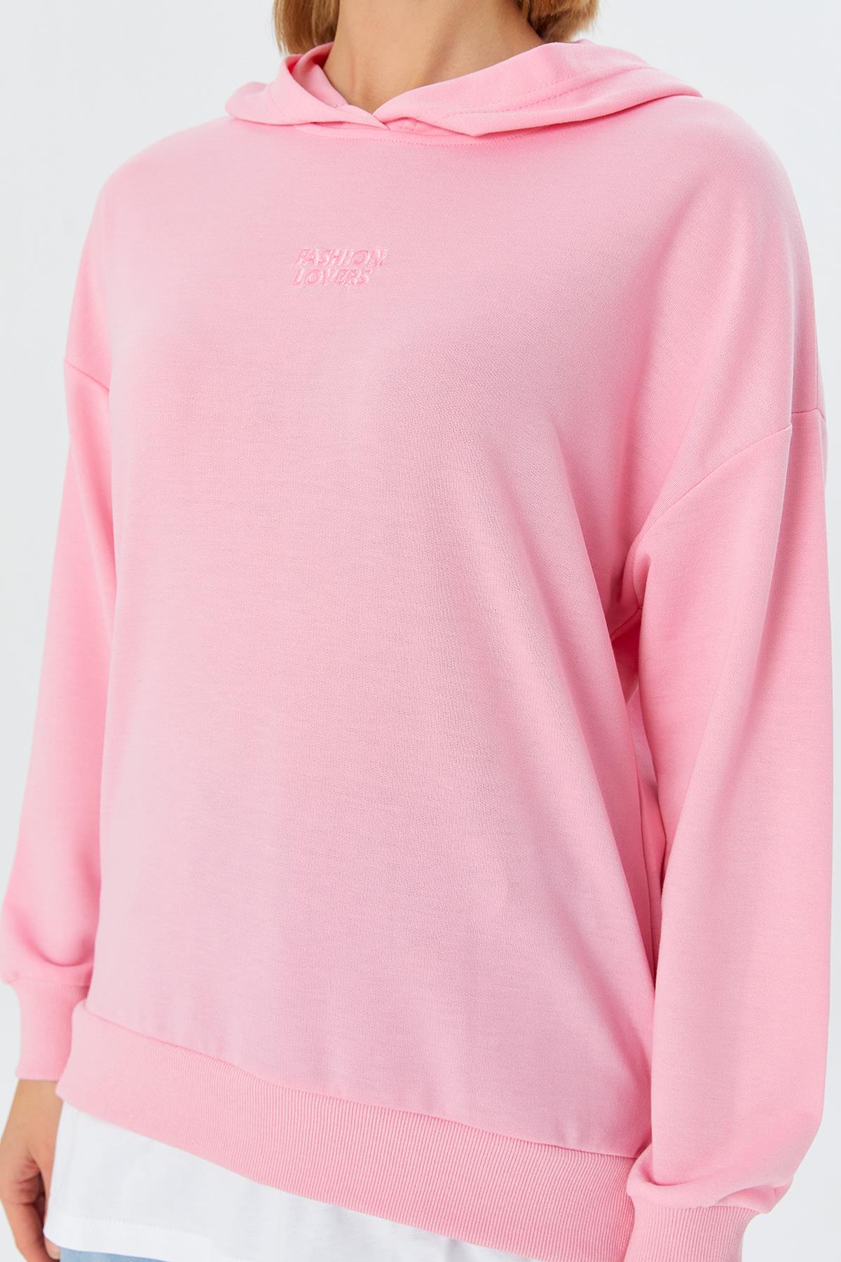 Kapüşonlu Kendinden İçlikli Sweatshirt PEMBE