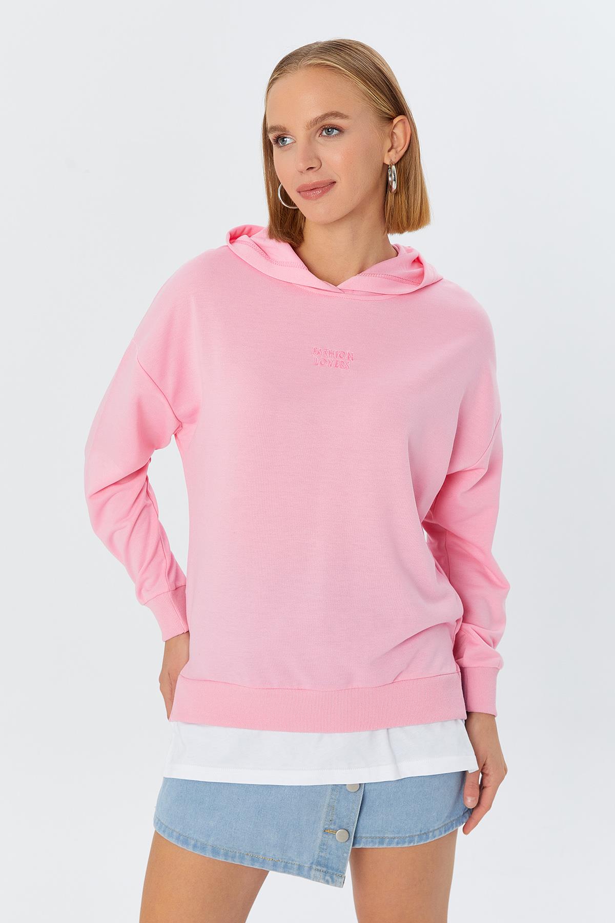 Kapüşonlu Kendinden İçlikli Sweatshirt PEMBE