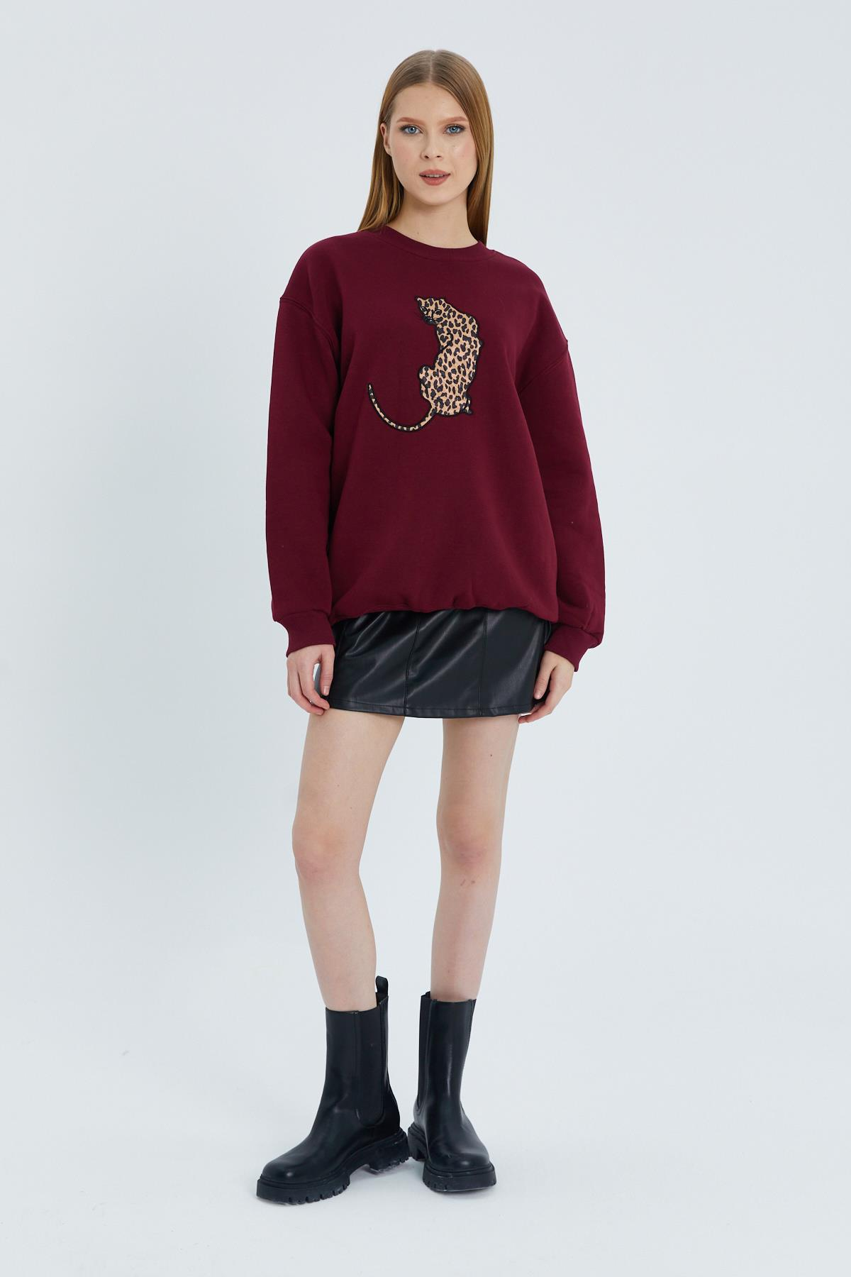 Leopar Kabartmalı Sweatshirt BORDO
