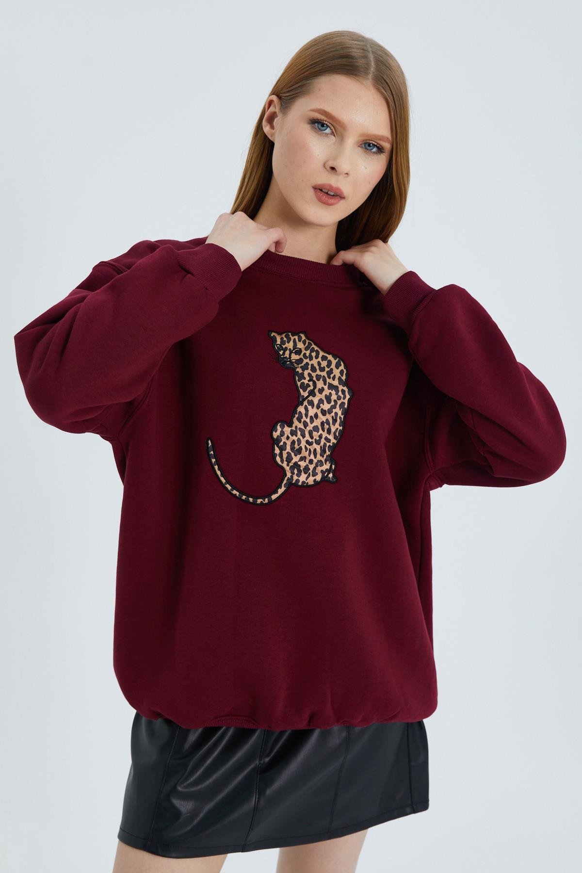 Leopar Kabartmalı Sweatshirt BORDO
