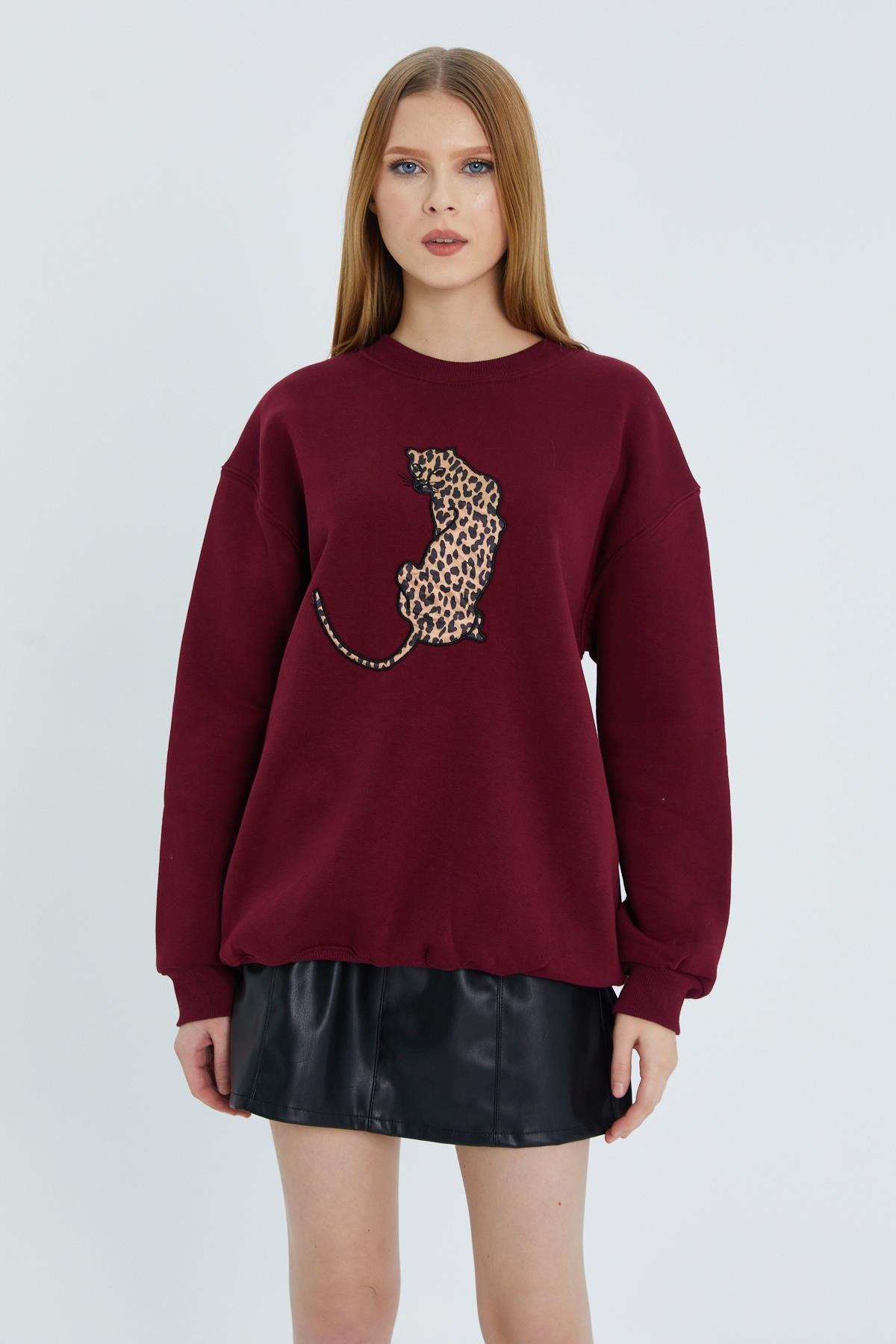 Leopar Kabartmalı Sweatshirt BORDO