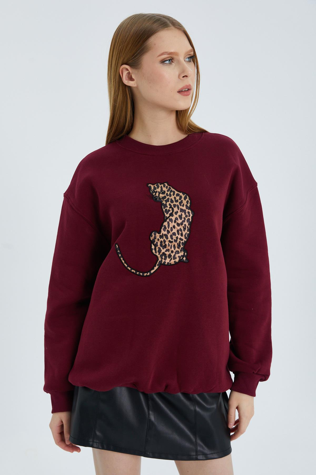 Leopar Kabartmalı Sweatshirt BORDO