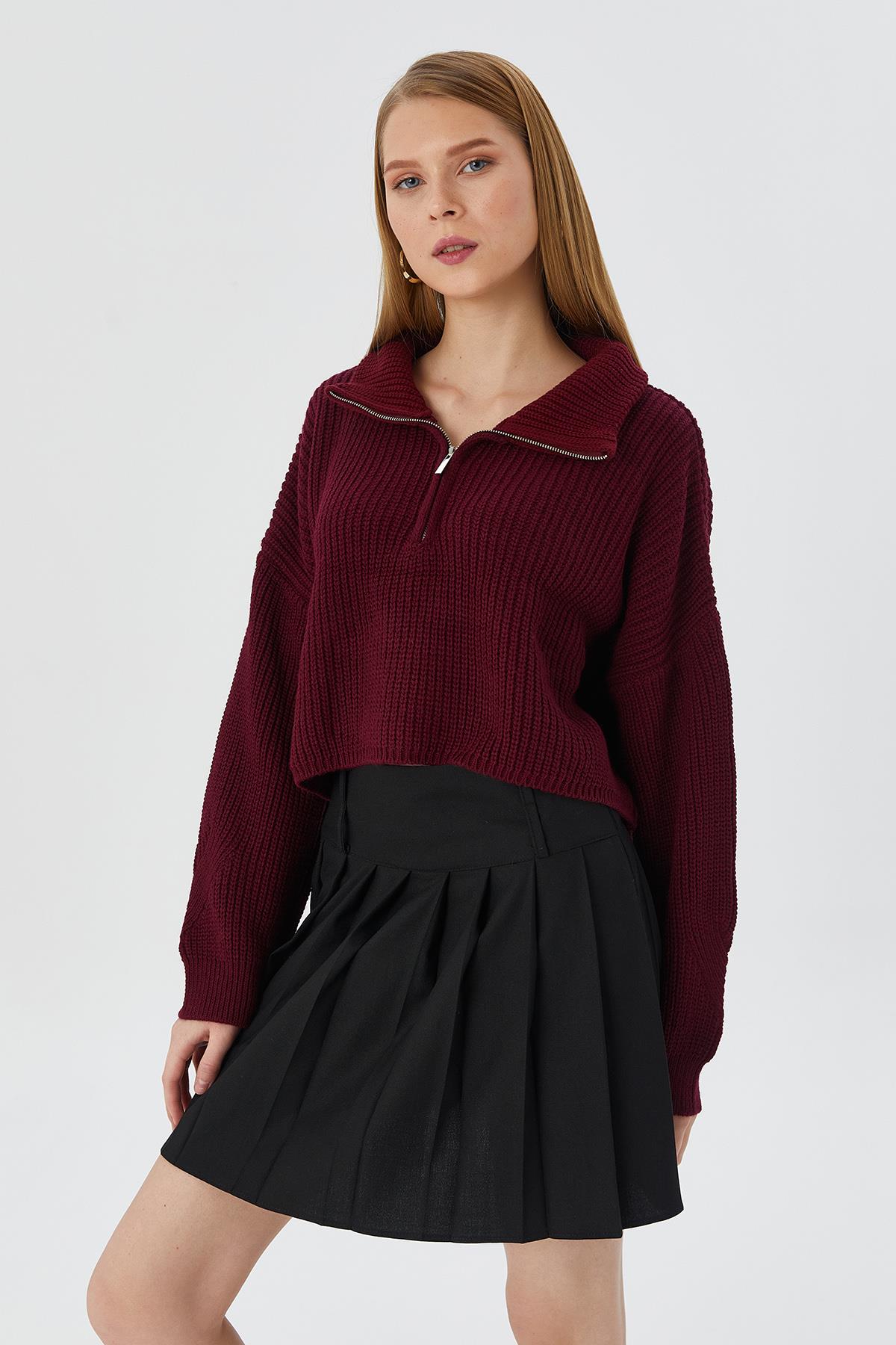 Yakası Fermuarlı Crop Kazak BORDO