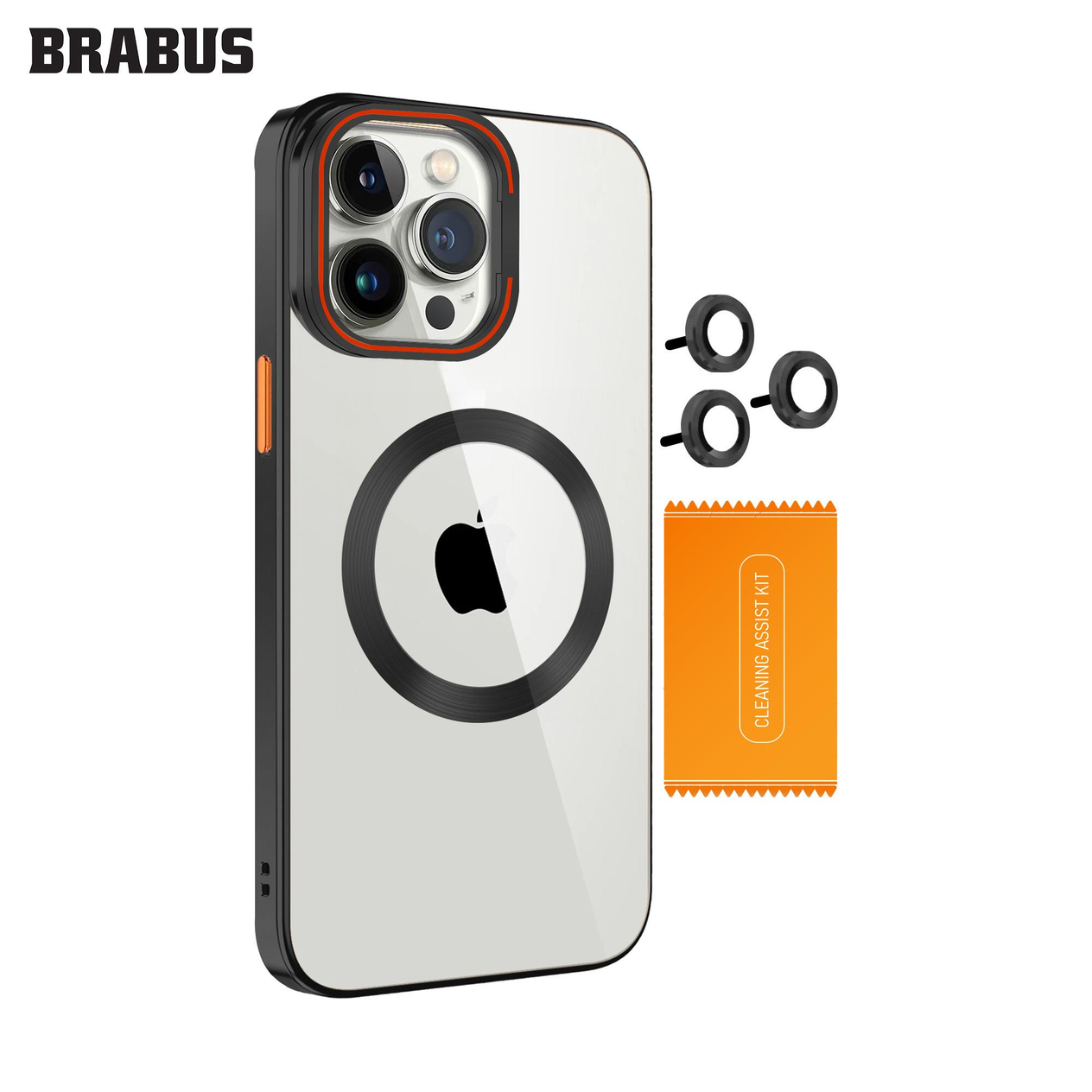 BRABUS iPhone 15 Pro Max MagSafe Metal Stand Özellikli Renkli Lazer Şeffaf Lens Koruyuculu ince Wing Silikon Kılıf