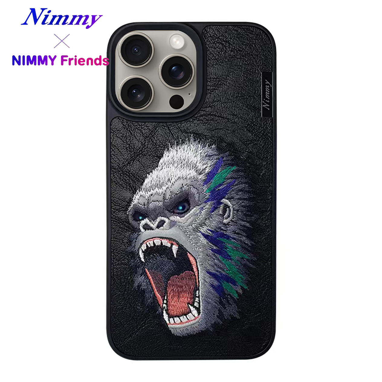 NIMMY iPhone 14 Pro Suni Deri Üstüne Gerçek Nakış İşlemeli 3D Dazzling King Kong Kılıf