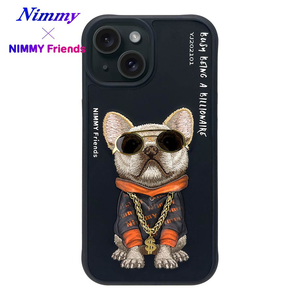 NIMMY iPhone 15 3D Gerçek Nakış İşleme Kabartmalı Köpek Zincir Gözlük Detaylı Cool Glasses Black Little Rich Tycoon Kılıf
